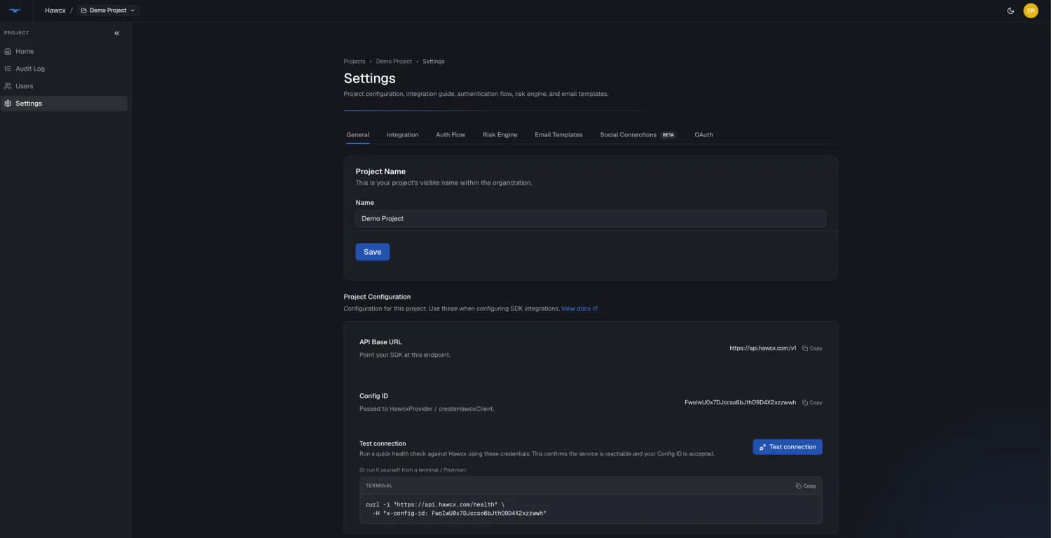 Project settings showing the project's Config ID and Base URL