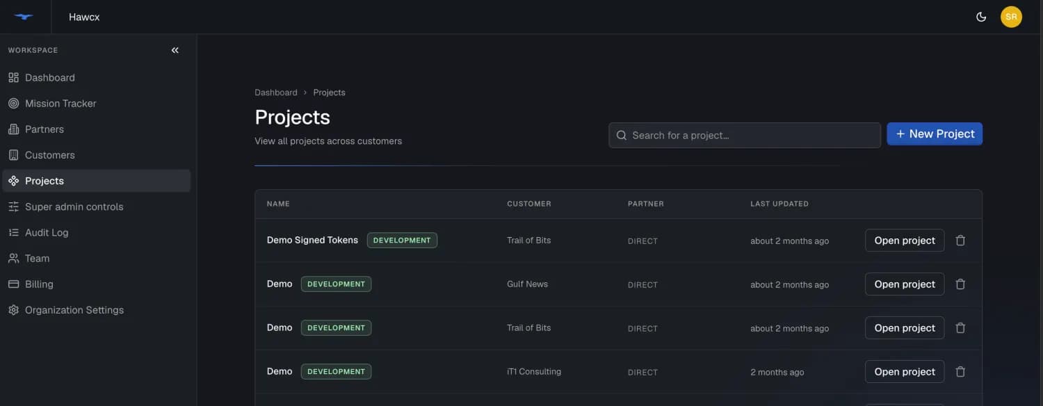 Projects page showing the project list, search, and environment badges